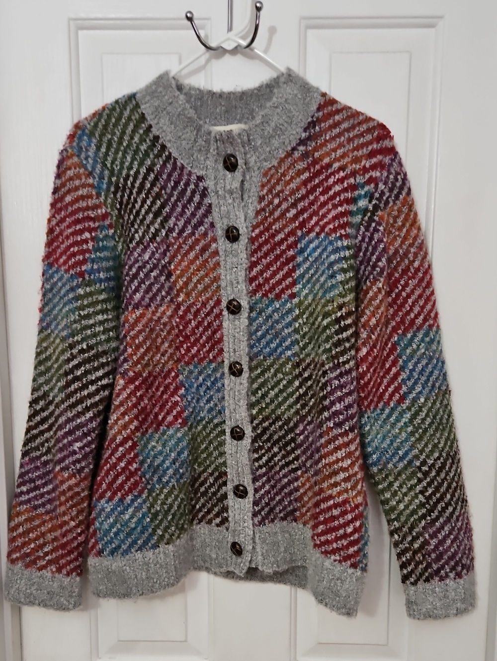 Appleseed's Multicolor Plaid Knit Patchwork Cardigan w/ Gray Trim Sz L Womens